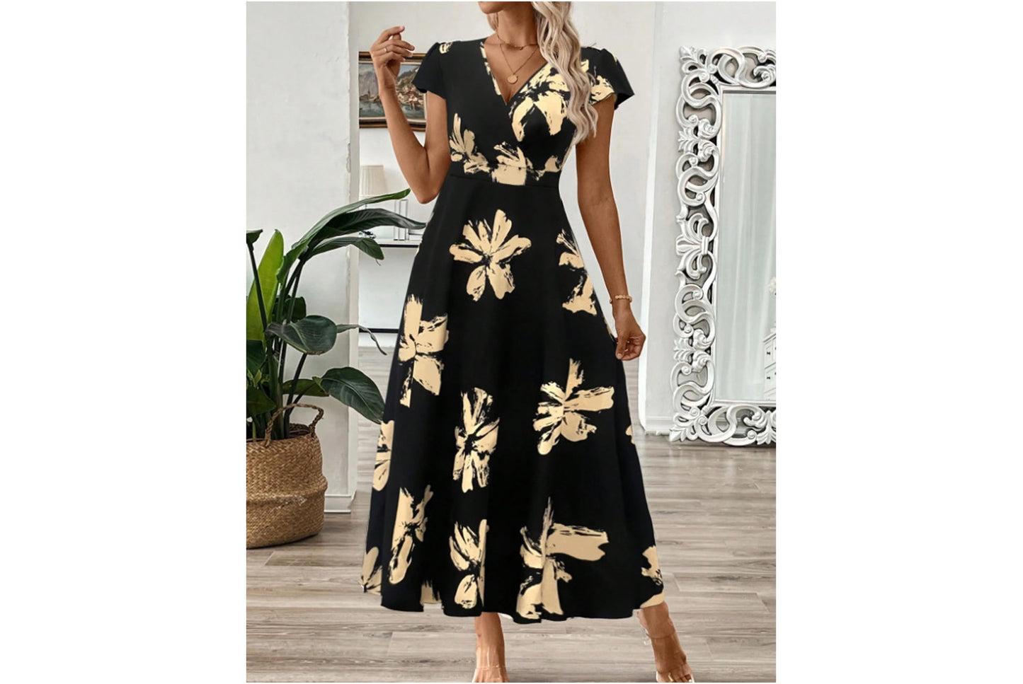 **Fashionable Printed V-Neck Ruffle Dress**
