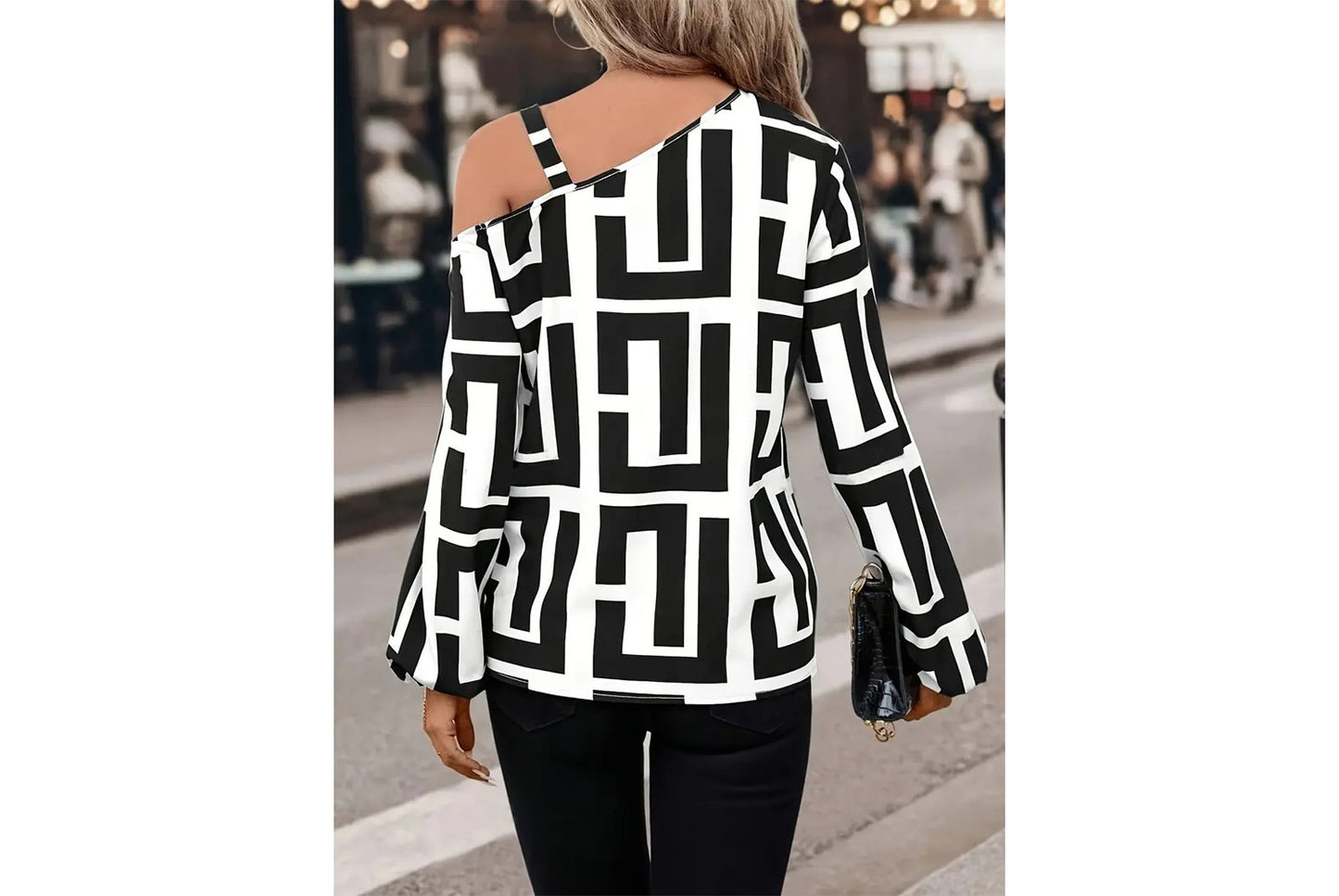 **Geometric Print Versatile Long-Sleeved, One-Neck Pullover Top**