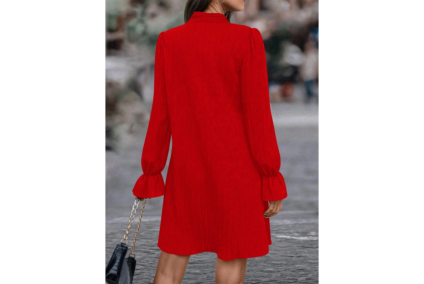 **Beaded Long-Sleeve Solid Color Loose-Fit Dress**