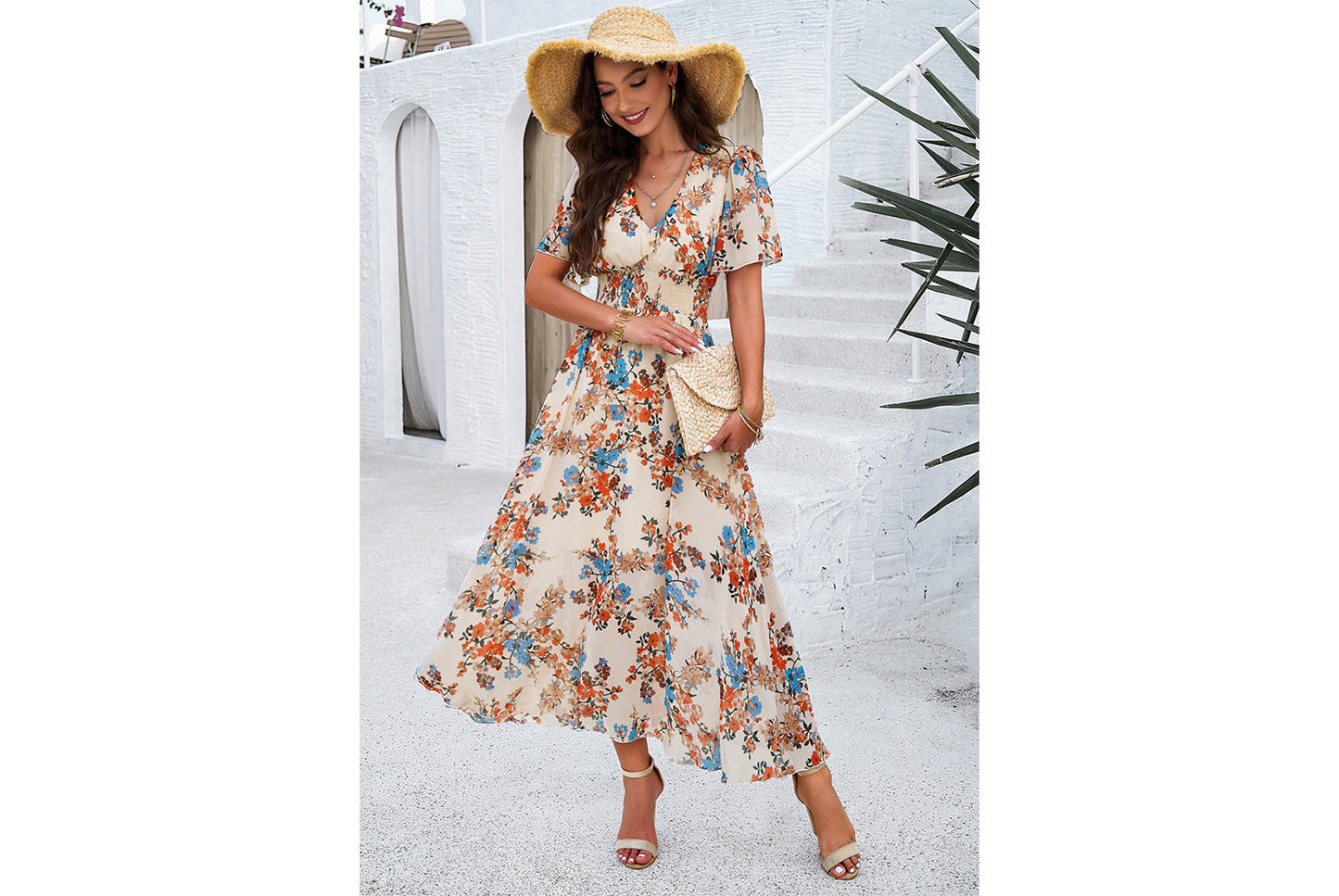 **Printed Waisted Short-Sleeved Chiffon Dress**