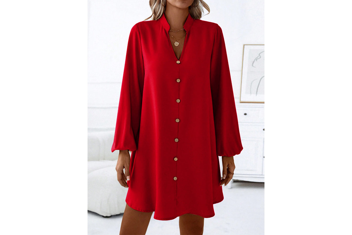**Spring/Summer Long-Sleeved V-Neck Single-Breasted Loose-Fit Dress**