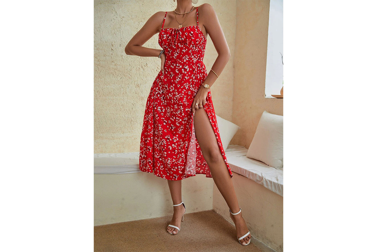 **Sling Print Dress with Slit Bottom**