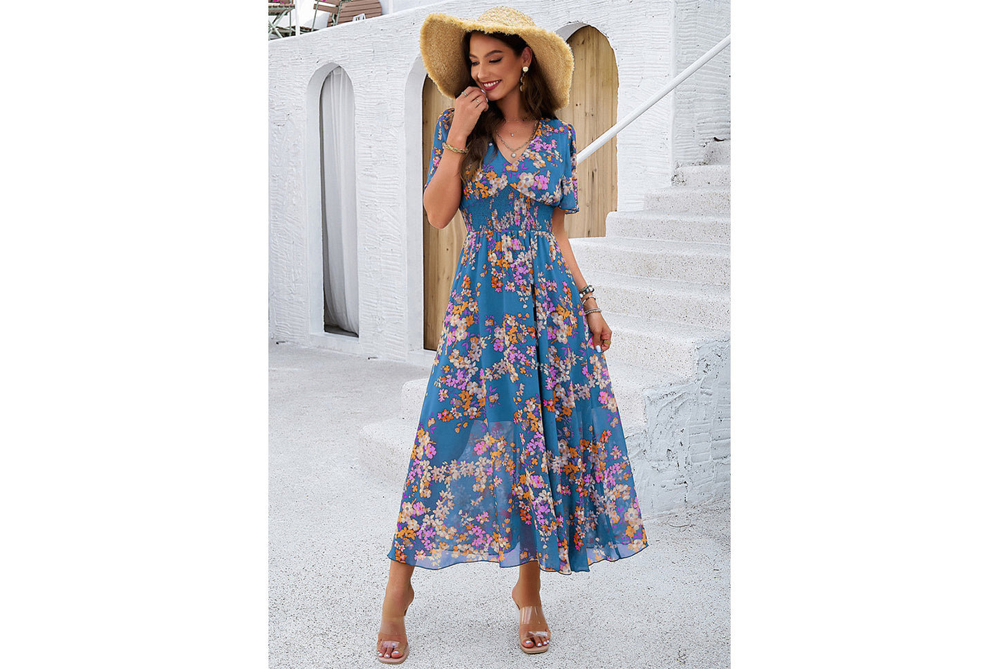 **Printed Waisted Short-Sleeved Chiffon Dress**