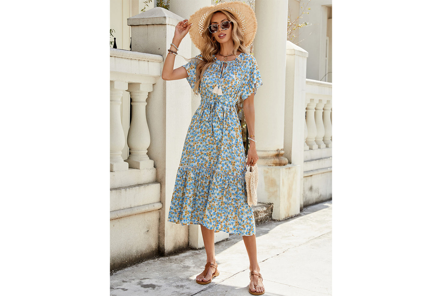 **Hollow Lace Trim and Ruffle Short-Sleeve Dress**
