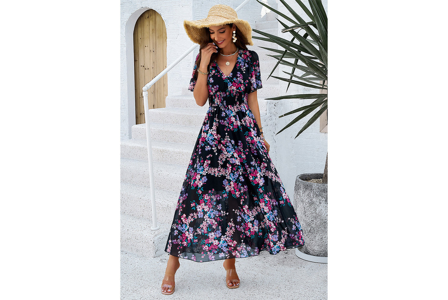**Printed Waisted Short-Sleeved Chiffon Dress**