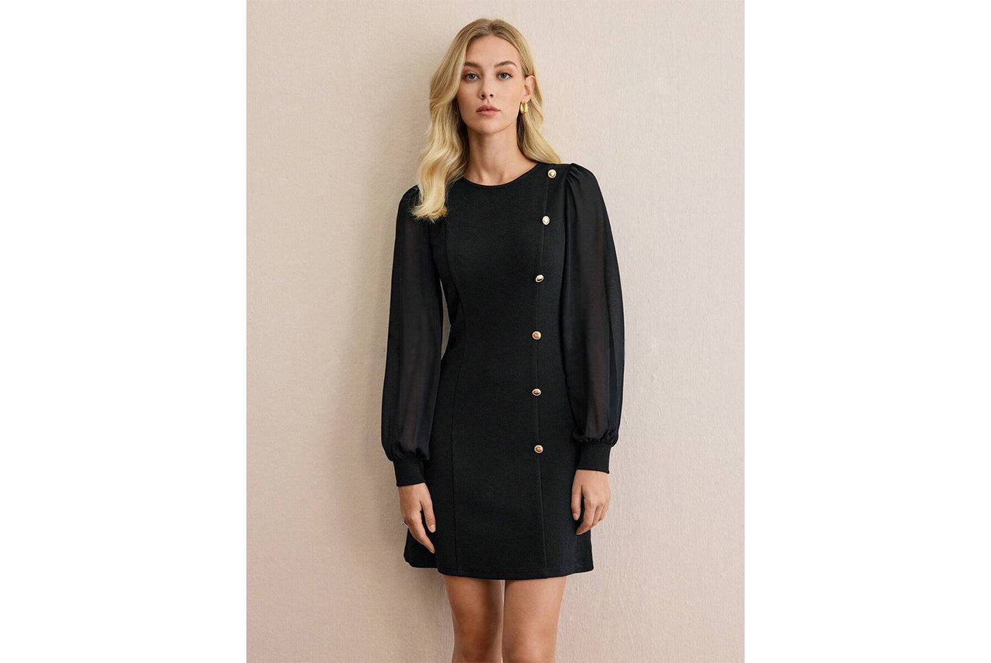 **Button-studded Slim Fit Long-Sleeve Solid Color Dress**