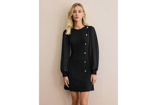 **Button-studded Slim Fit Long-Sleeve Solid Color Dress**