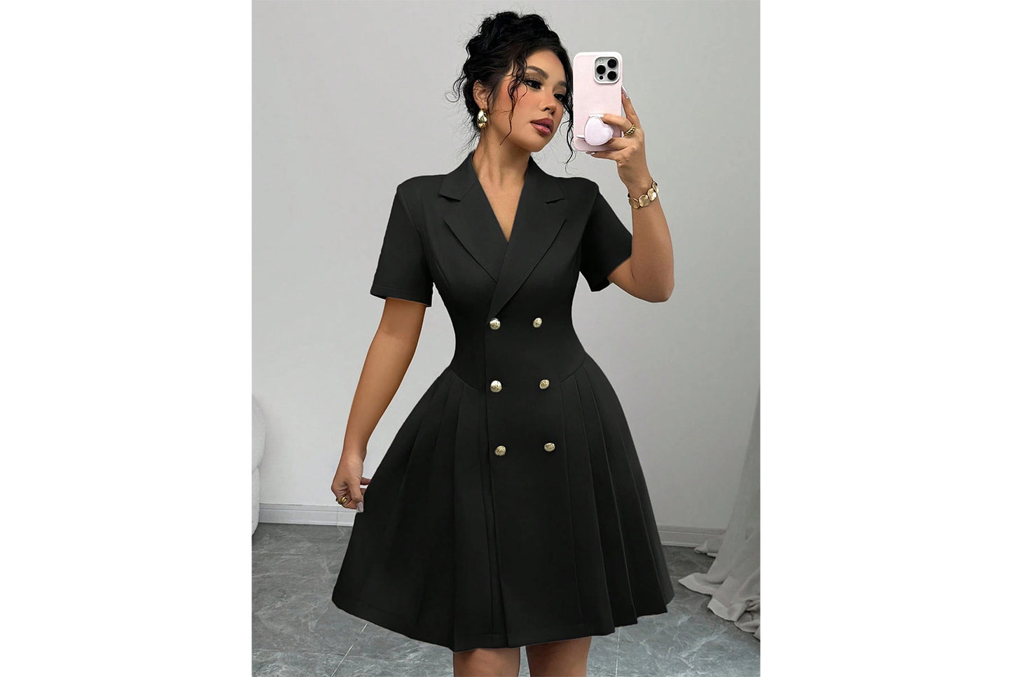 **Stylish Solid Color Short-Sleeved Double-Breasted Dress**