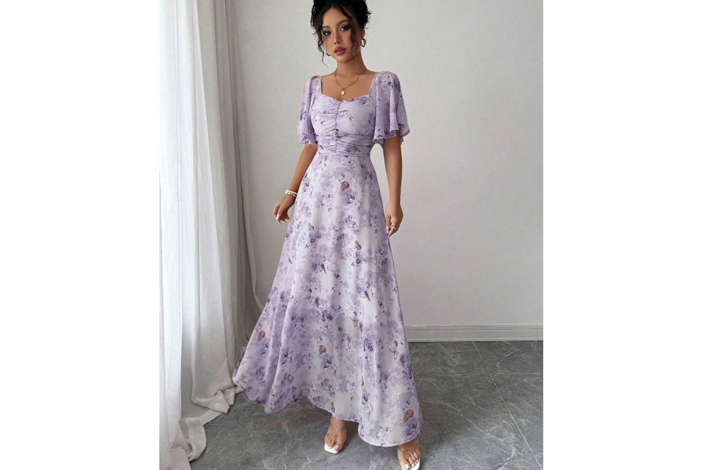 **Fashionable Square Neck Short-Sleeved Printed Chiffon Dress**