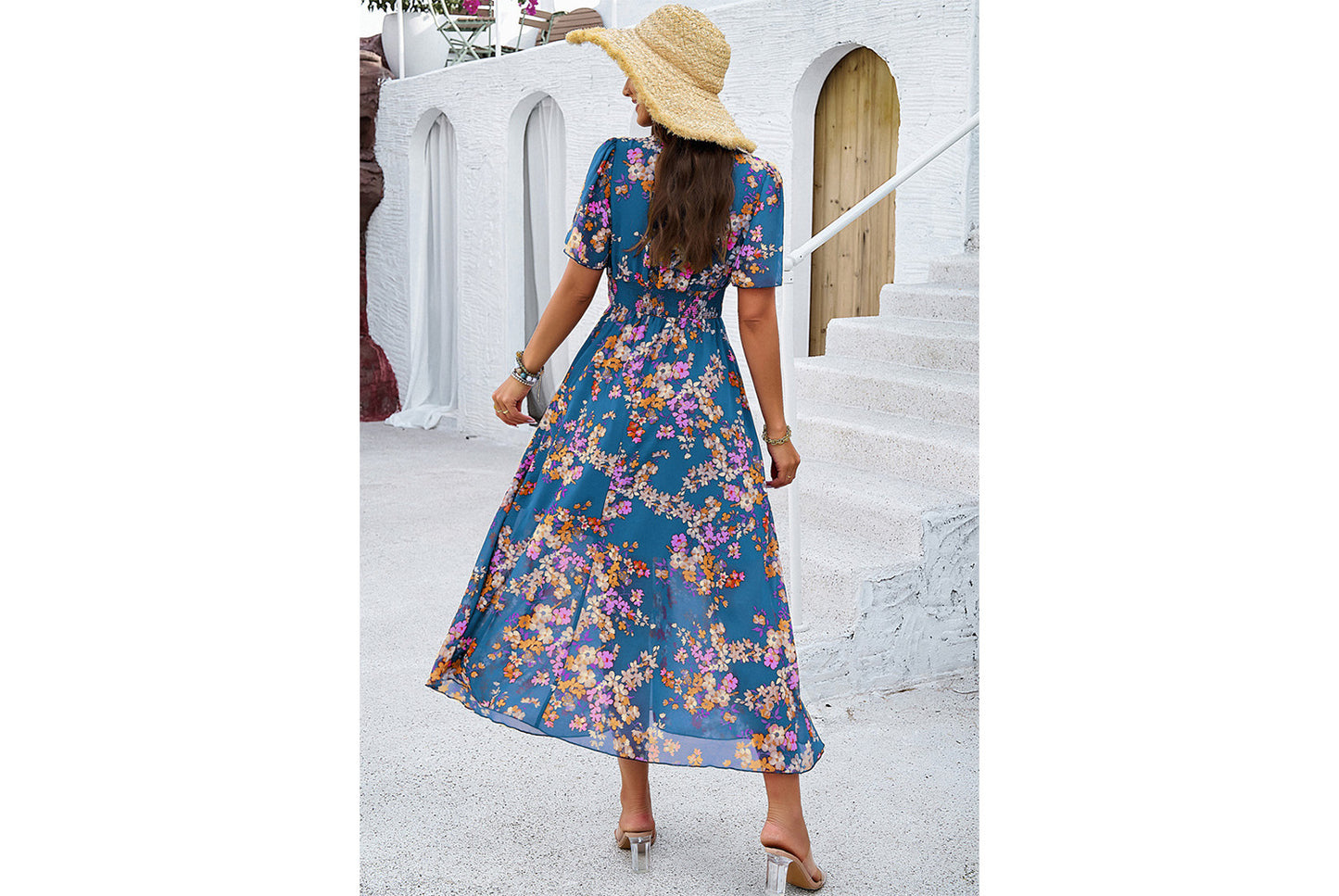 **Printed Waisted Short-Sleeved Chiffon Dress**