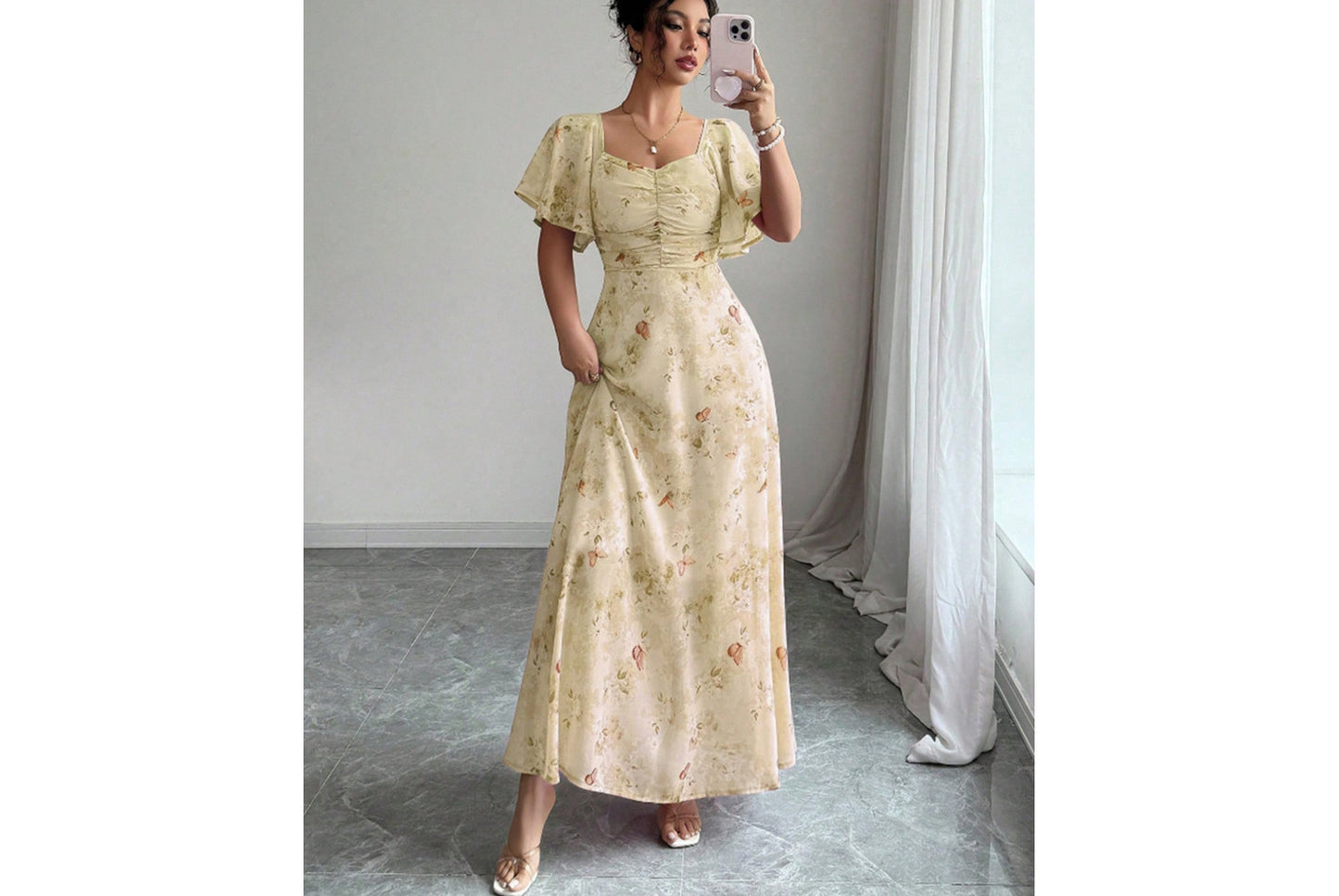 **Fashionable Square Neck Short-Sleeved Printed Chiffon Dress**