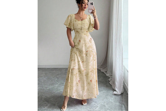 **Fashionable Square Neck Short-Sleeved Printed Chiffon Dress**