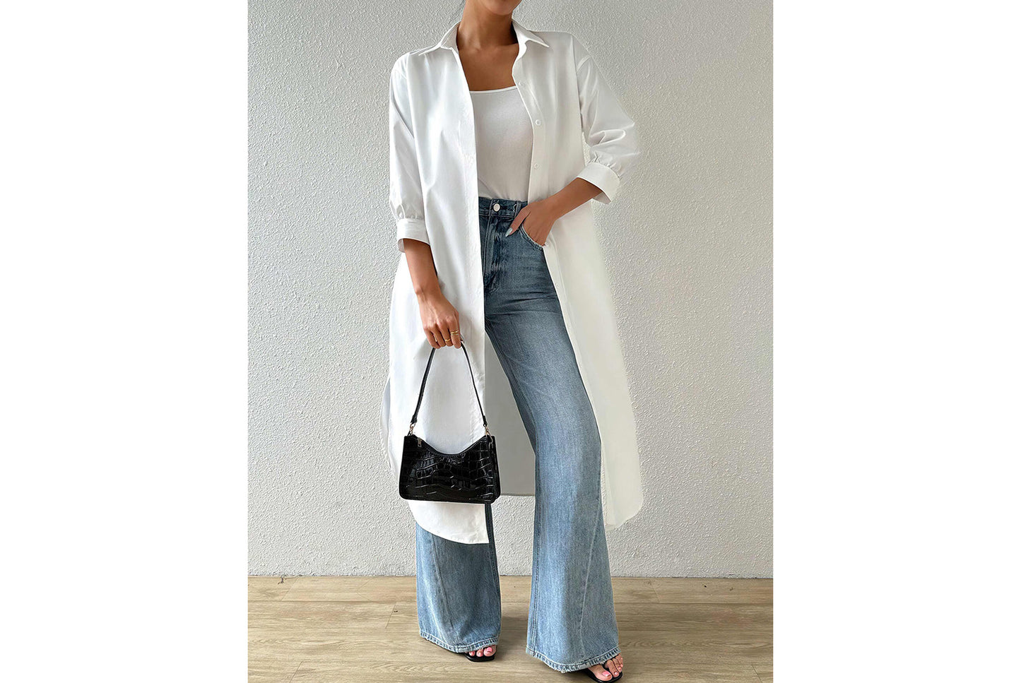**Versatile Long Solid Color Cardigan Shirt with Mid-Sleeves**