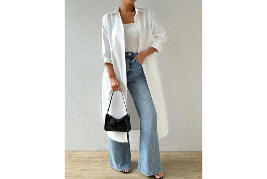**Versatile Long Solid Color Cardigan Shirt with Mid-Sleeves**