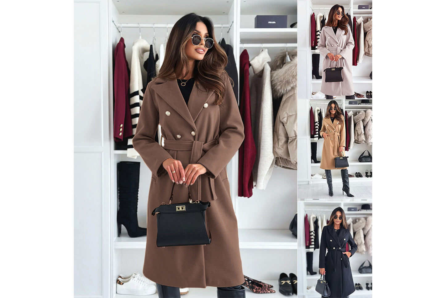 **Stylish Solid Color Double-Breasted Tie-Drawstring Wool Coat**
