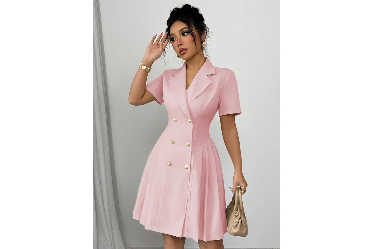**Stylish Solid Color Short-Sleeved Double-Breasted Dress**