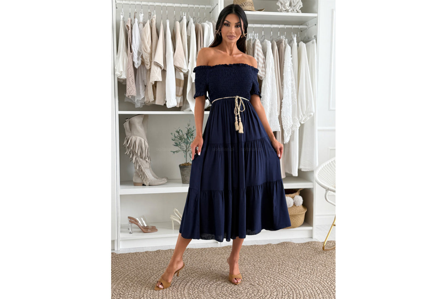 **Sexy Off-the-Shoulder Short-Sleeve Dress with Waist Tie**