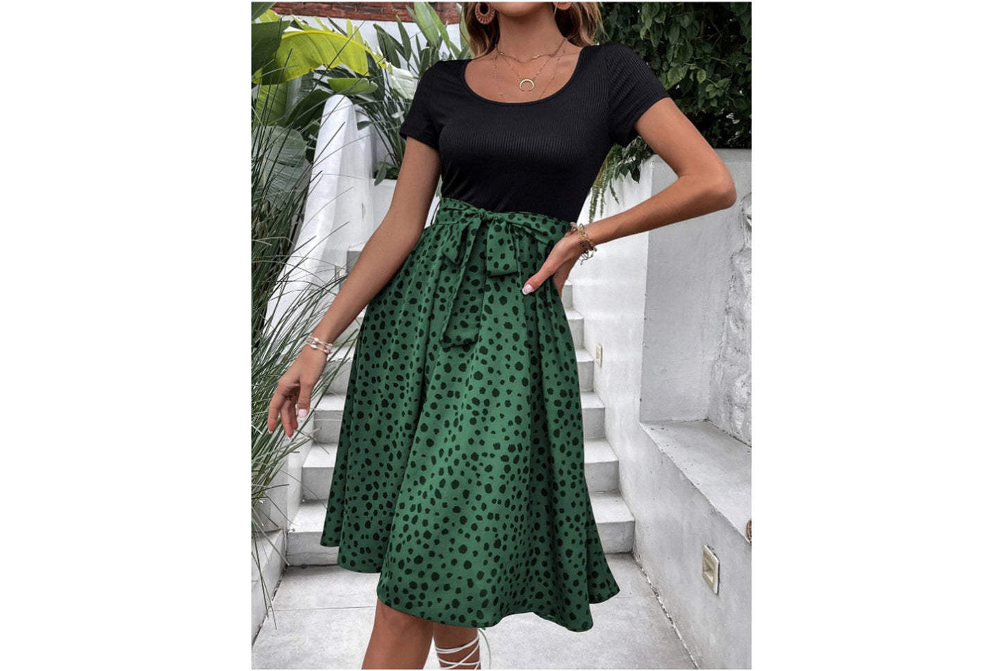 **Patchwork Round Neck Polka Dot Short Sleeve Dress**