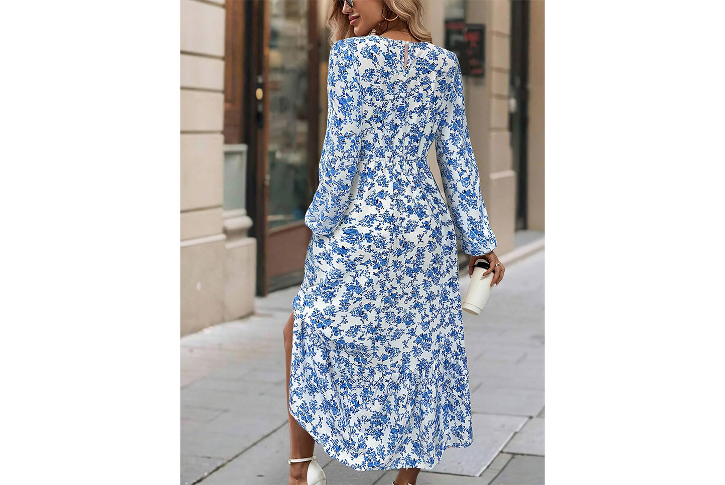 **Printed Round Neck Long-Sleeved Ruffle Dress**