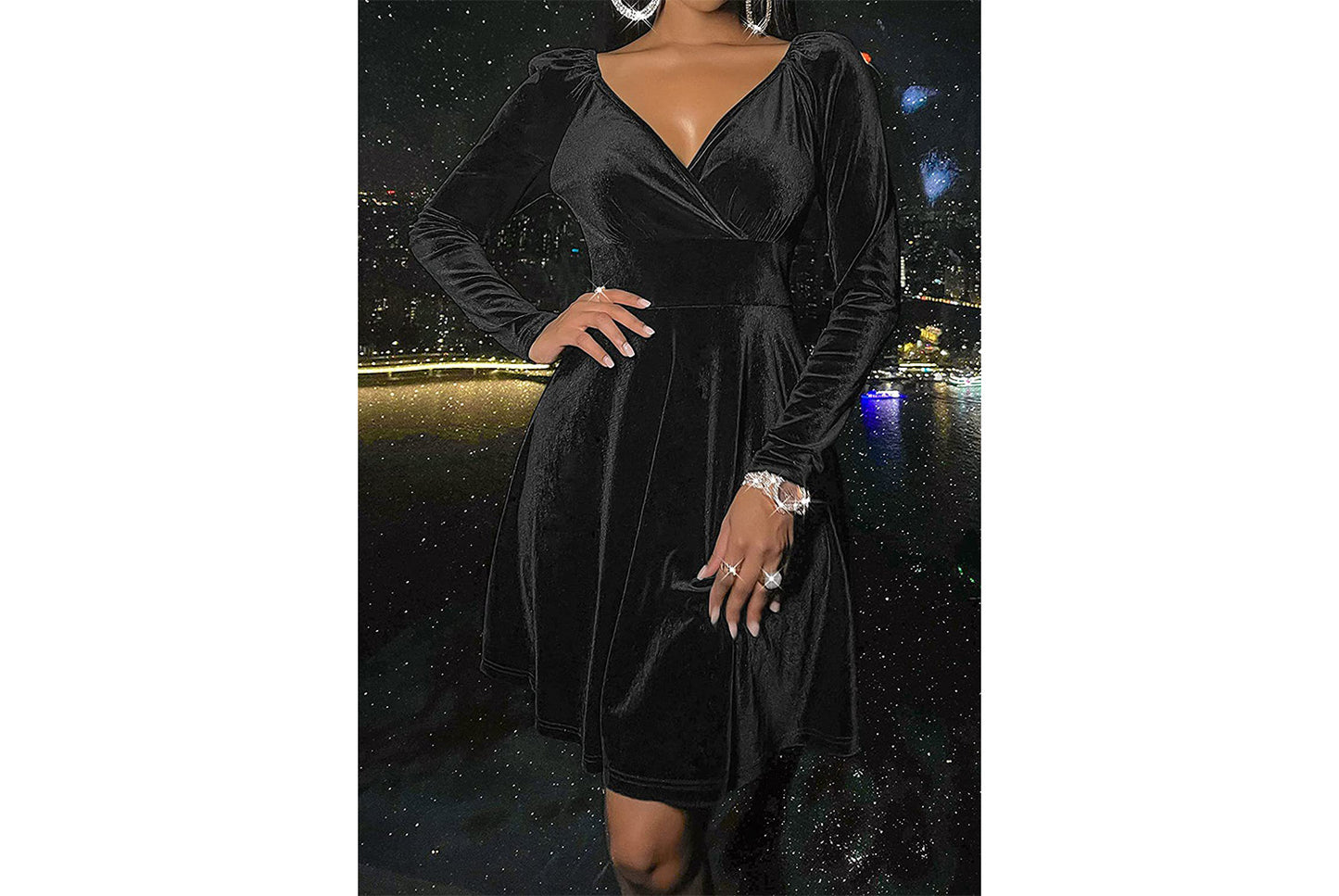 **Festive Christmas Long-Sleeved V-Neck Dress**