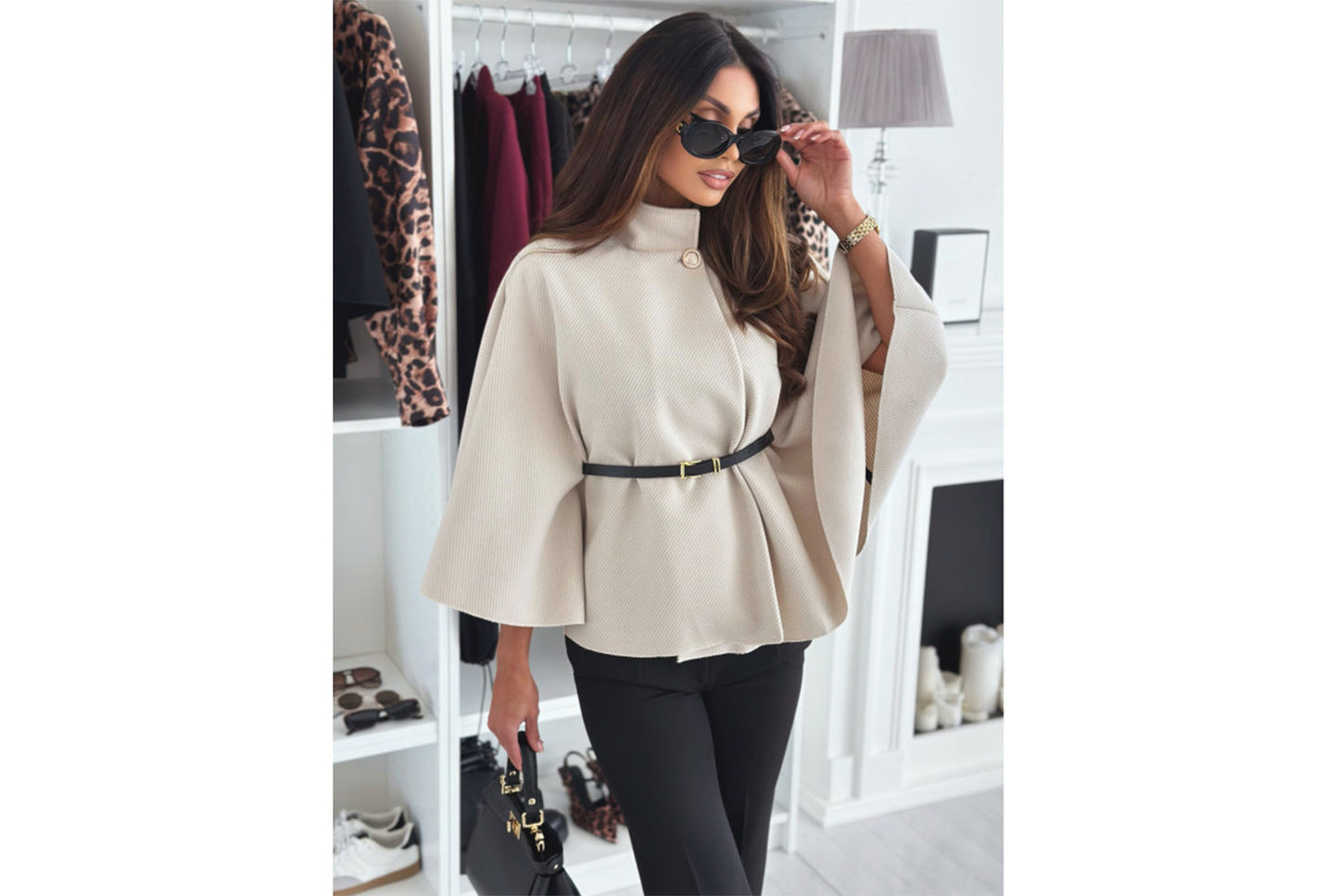 **Solid Color Woolen Cape Jacket with Waist Tie**