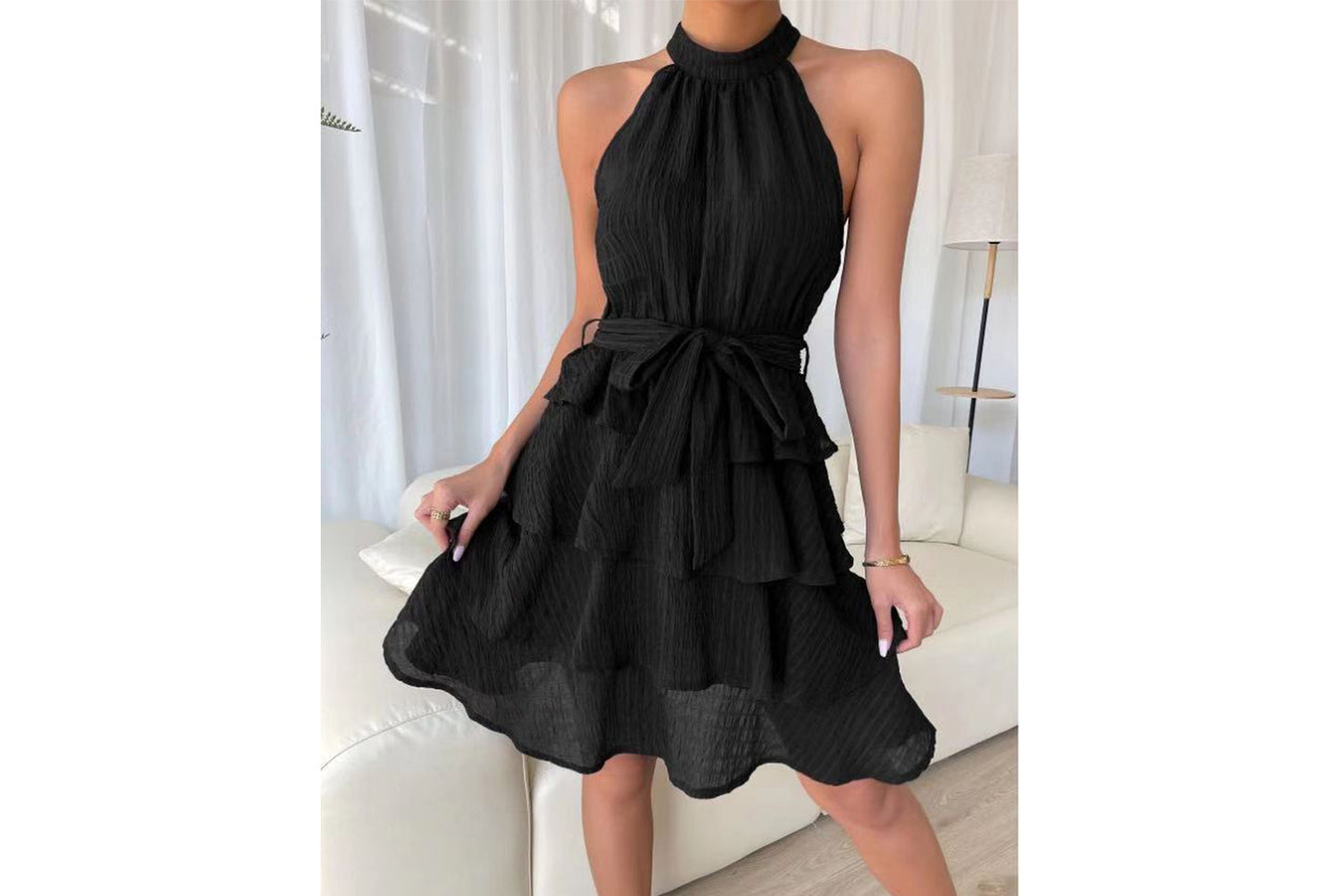 **Halter Neck Sleeveless Ruffled Dress**