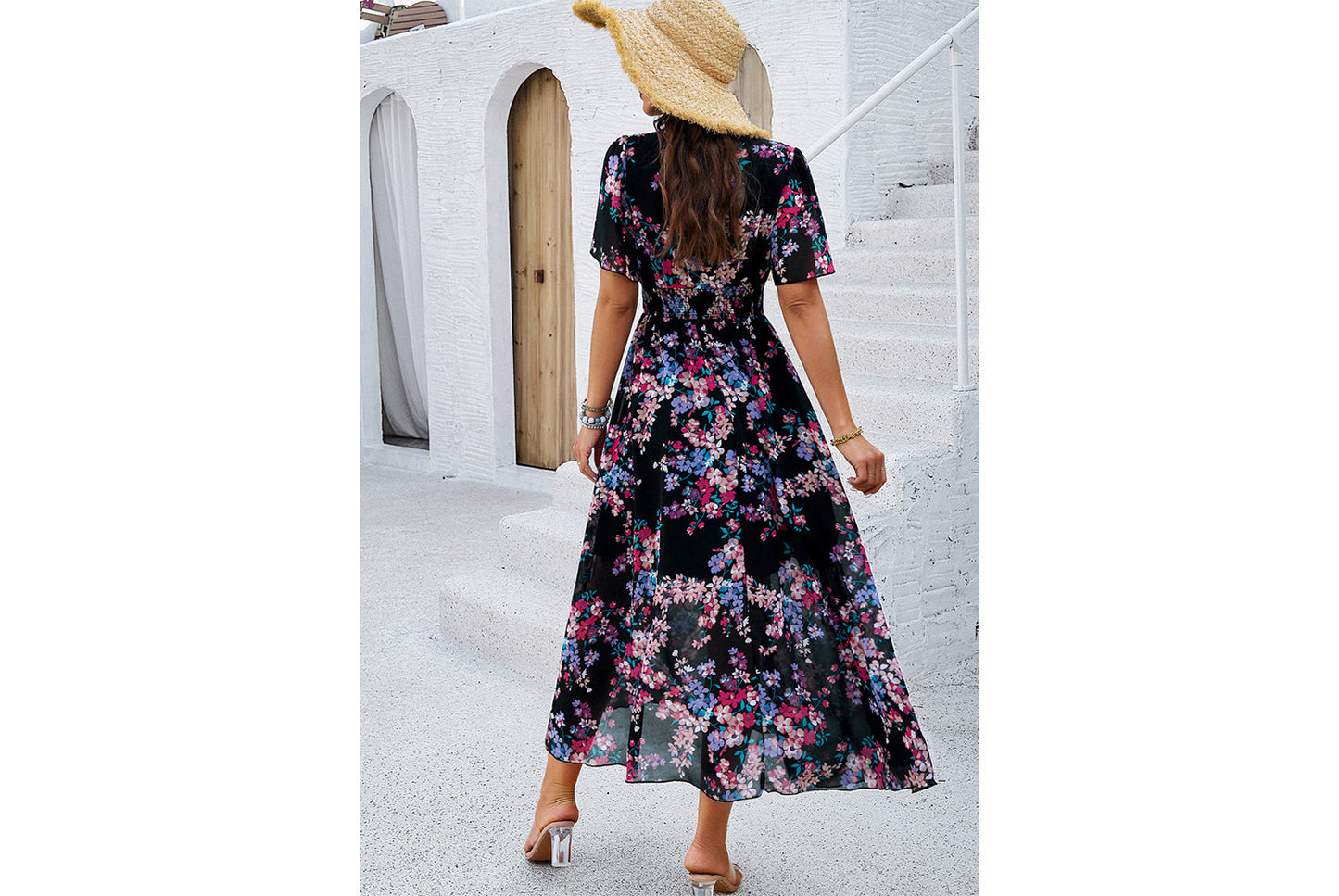 **Printed Waisted Short-Sleeved Chiffon Dress**