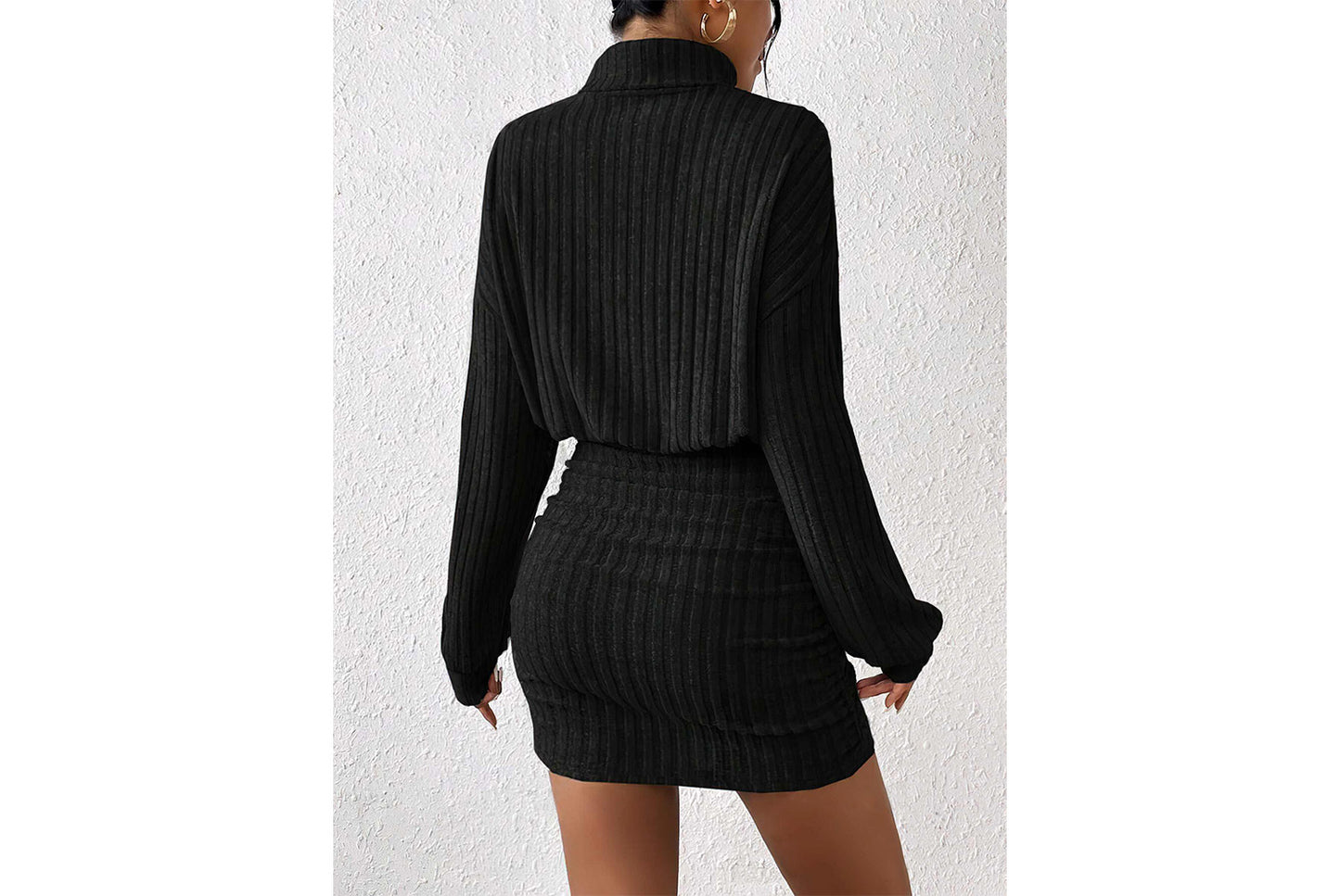 **Fashionable Ribbed Turtleneck Hip-Wrap Long-Sleeve Dress**
