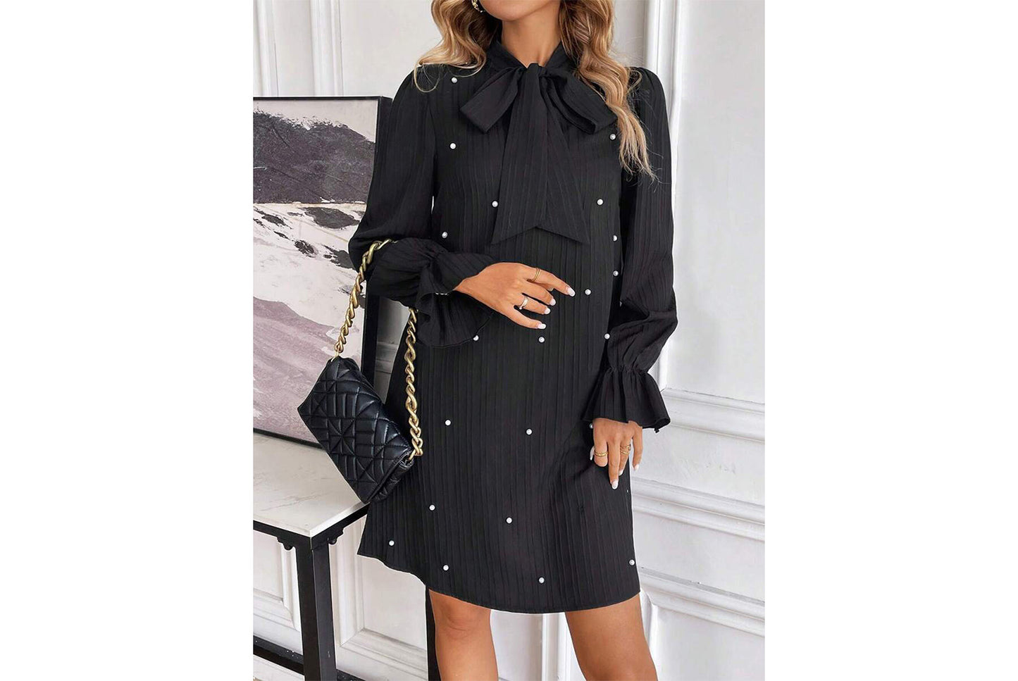 **Beaded Long-Sleeve Solid Color Loose-Fit Dress**