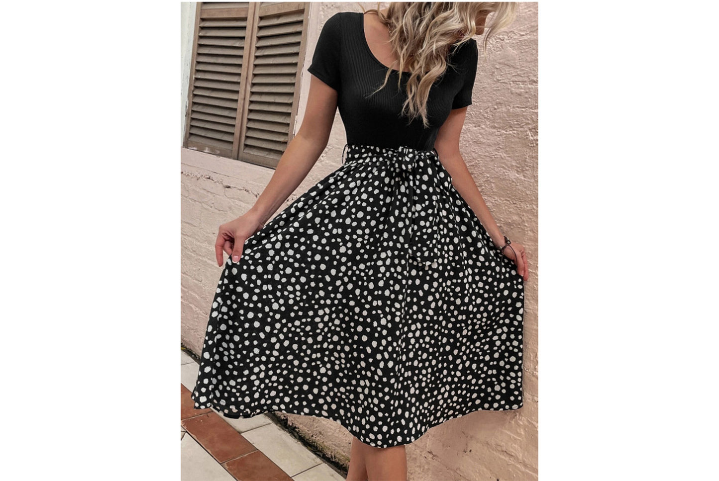 **Patchwork Round Neck Polka Dot Short Sleeve Dress**