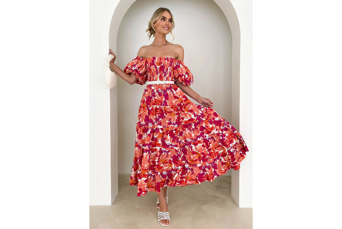 **Lantern Sleeve High-Waisted, One-Way Neck Print Dress**