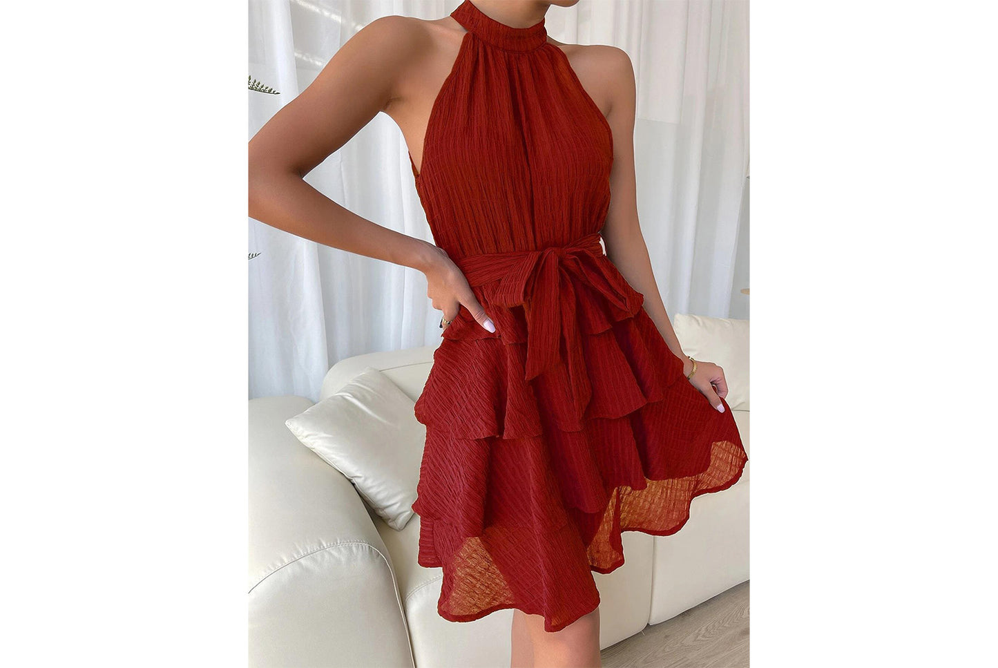 **Halter Neck Sleeveless Ruffled Dress**