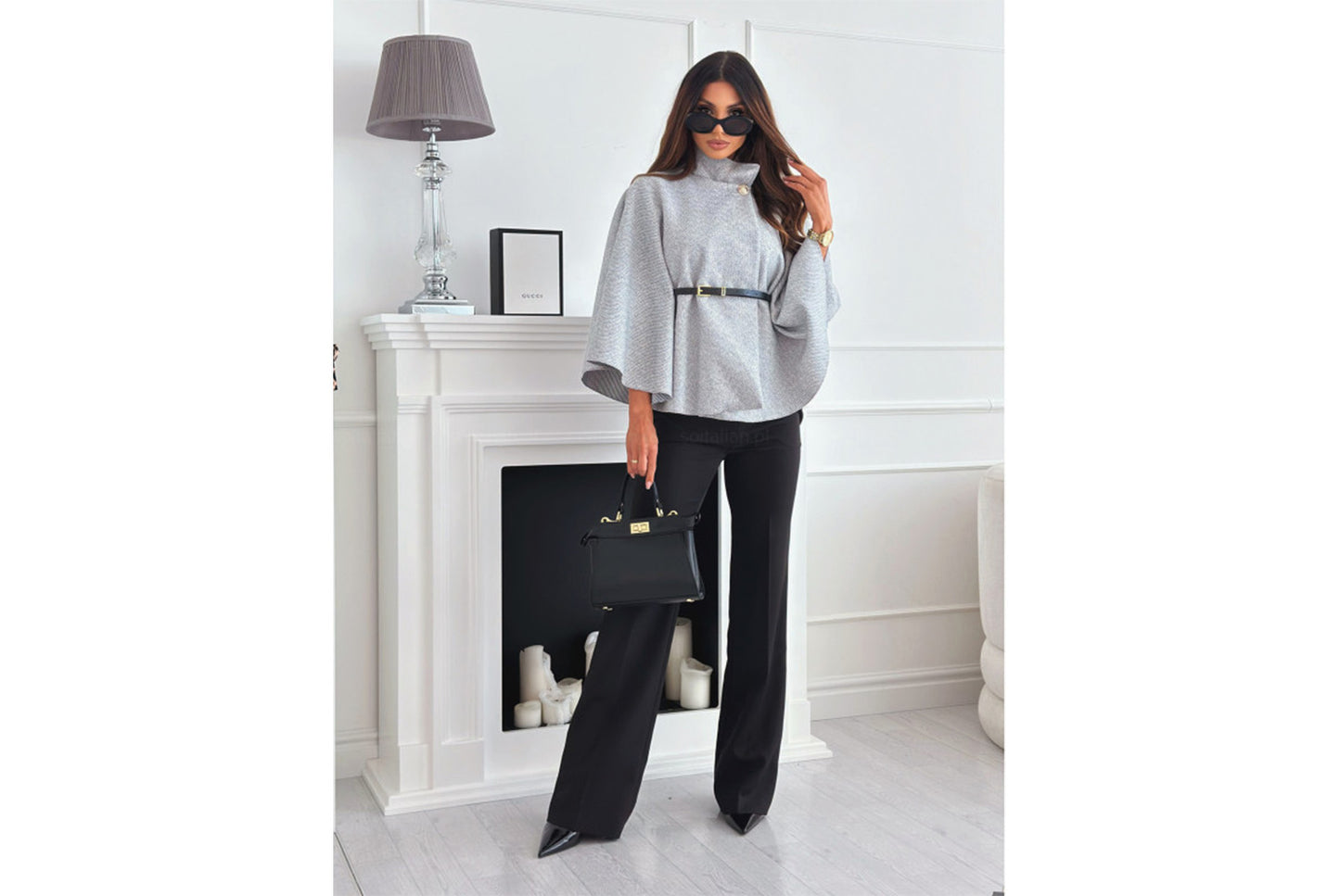 **Solid Color Woolen Cape Jacket with Waist Tie**