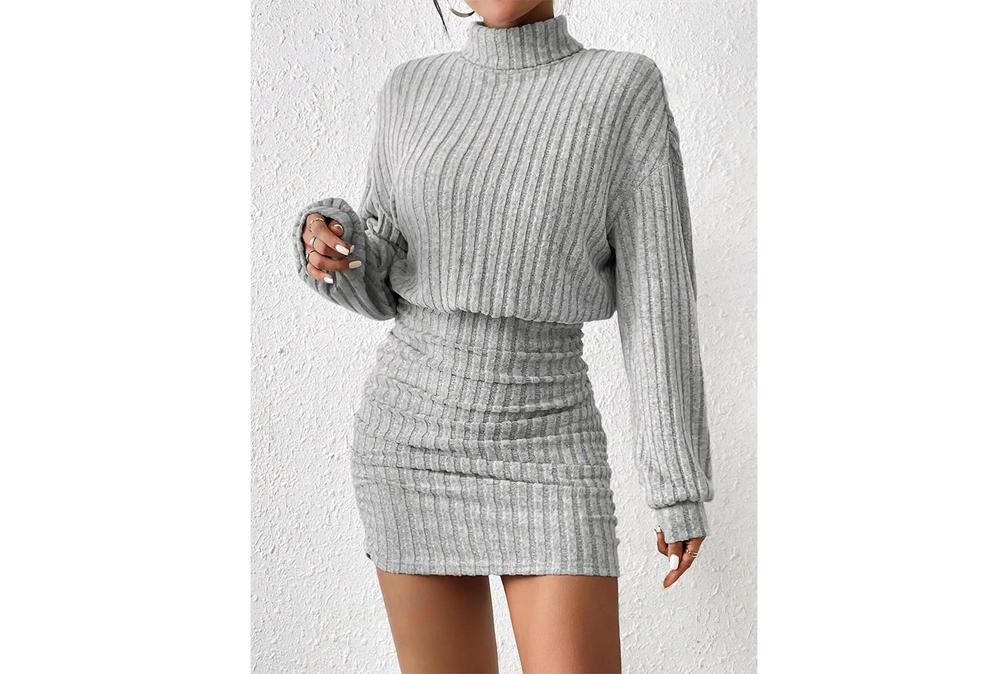 **Fashionable Ribbed Turtleneck Hip-Wrap Long-Sleeve Dress**