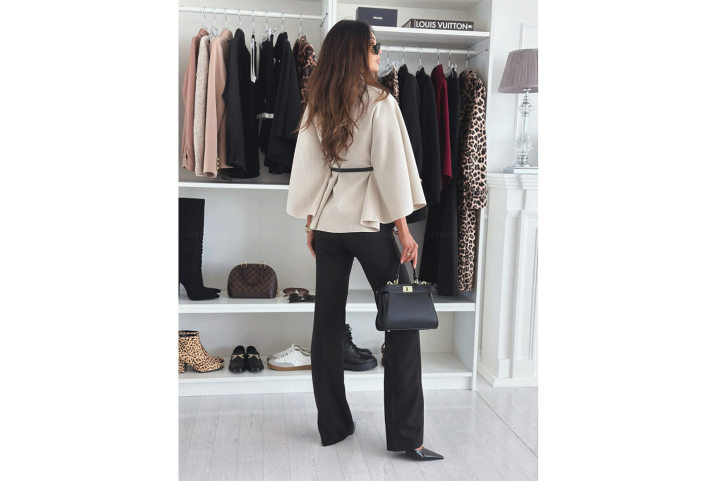 **Solid Color Woolen Cape Jacket with Waist Tie**