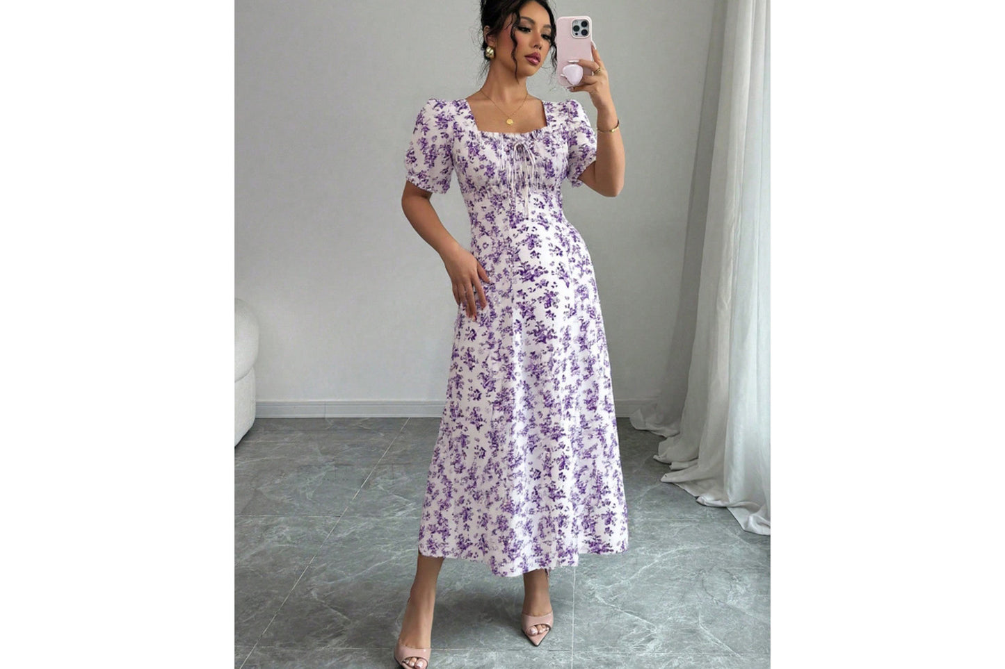 **Elegant U-Neck Short-Sleeved Printed Swing Dress**