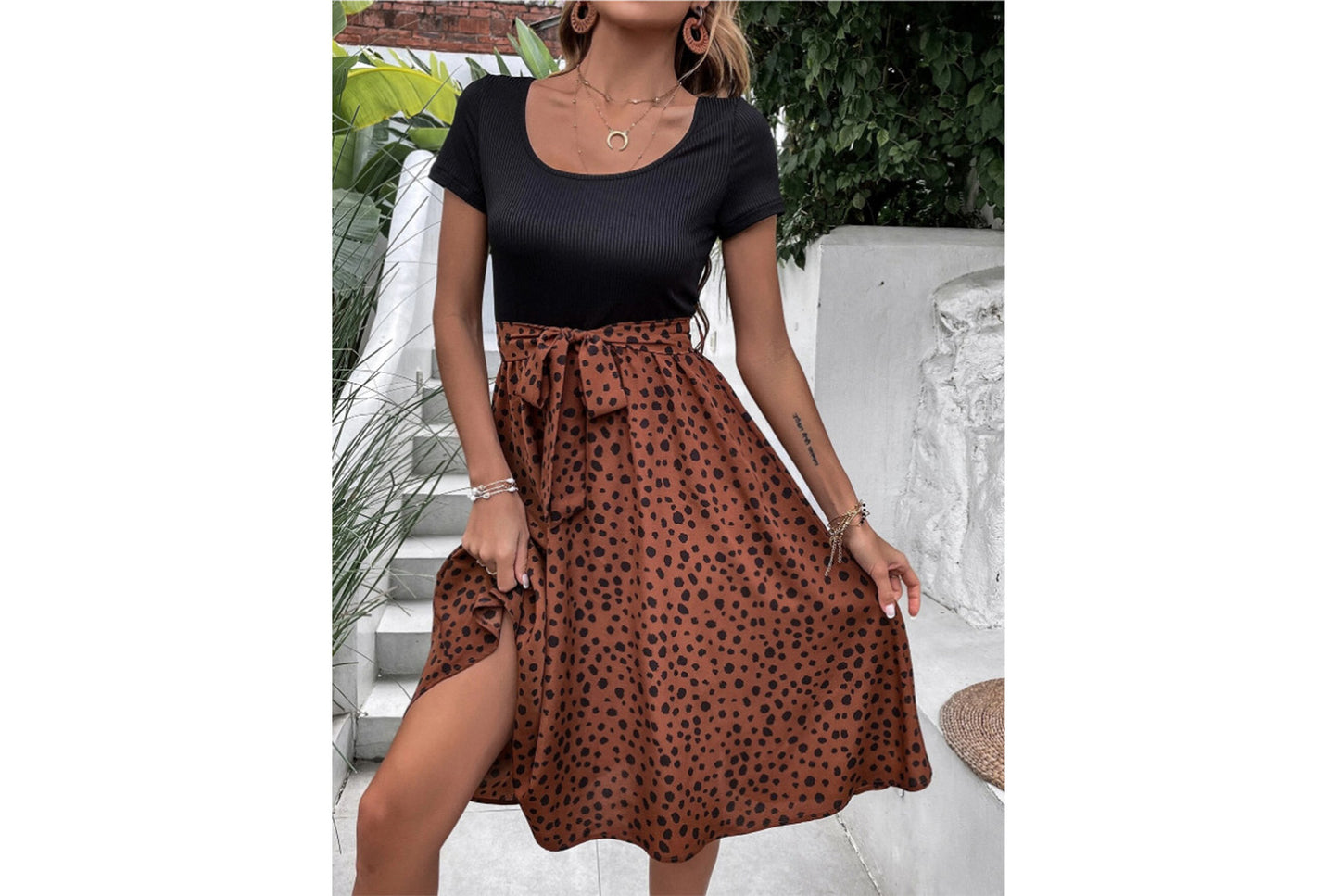 **Patchwork Round Neck Polka Dot Short Sleeve Dress**
