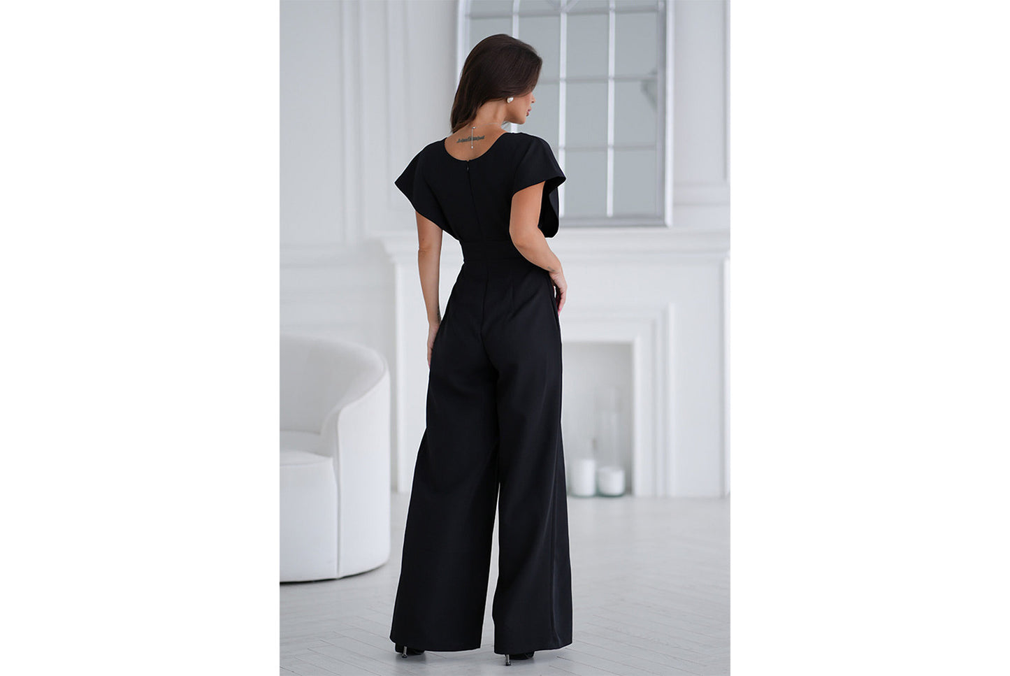 **Zipper V-Neck Ruffle Sleeve Jumpsuit**