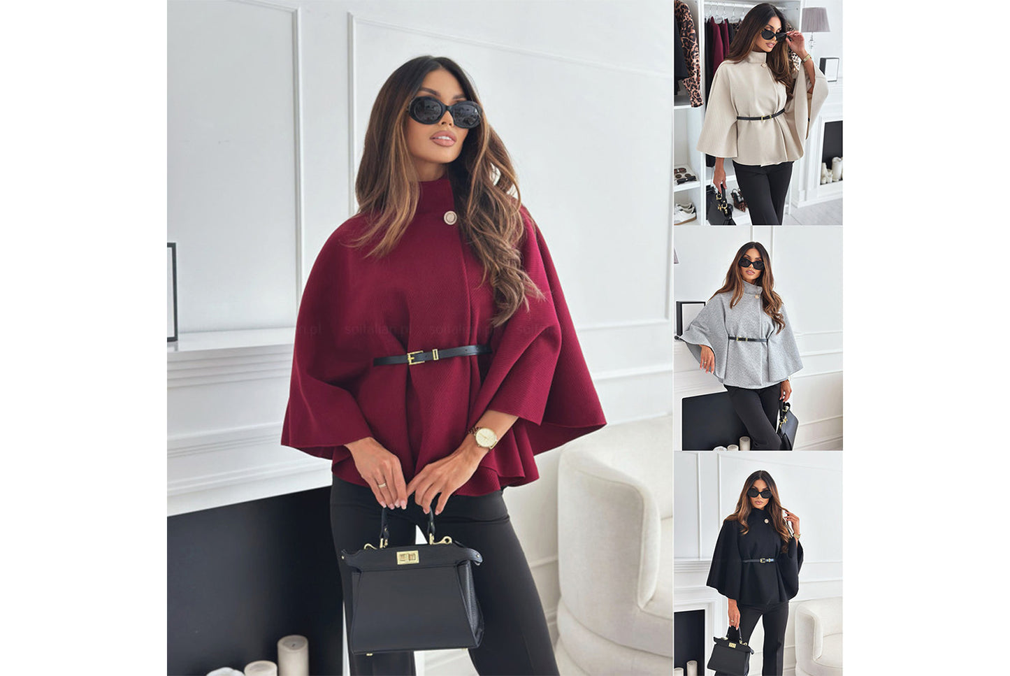 **Solid Color Woolen Cape Jacket with Waist Tie**