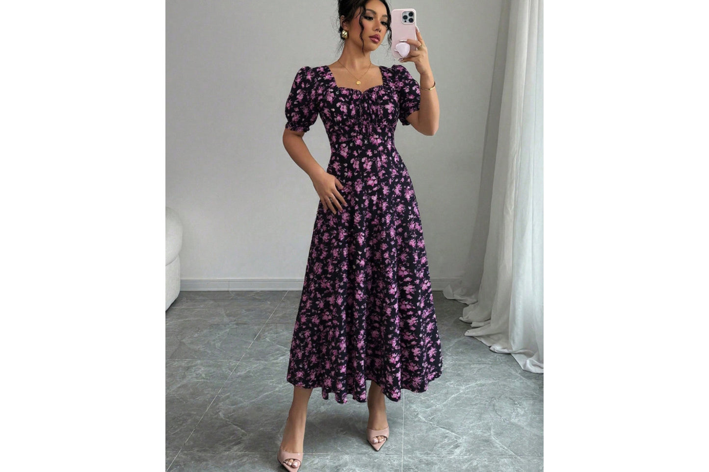 **Elegant U-Neck Short-Sleeved Printed Swing Dress**