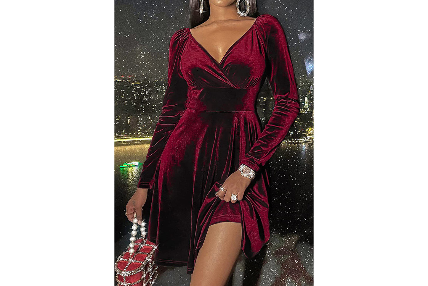 **Festive Christmas Long-Sleeved V-Neck Dress**