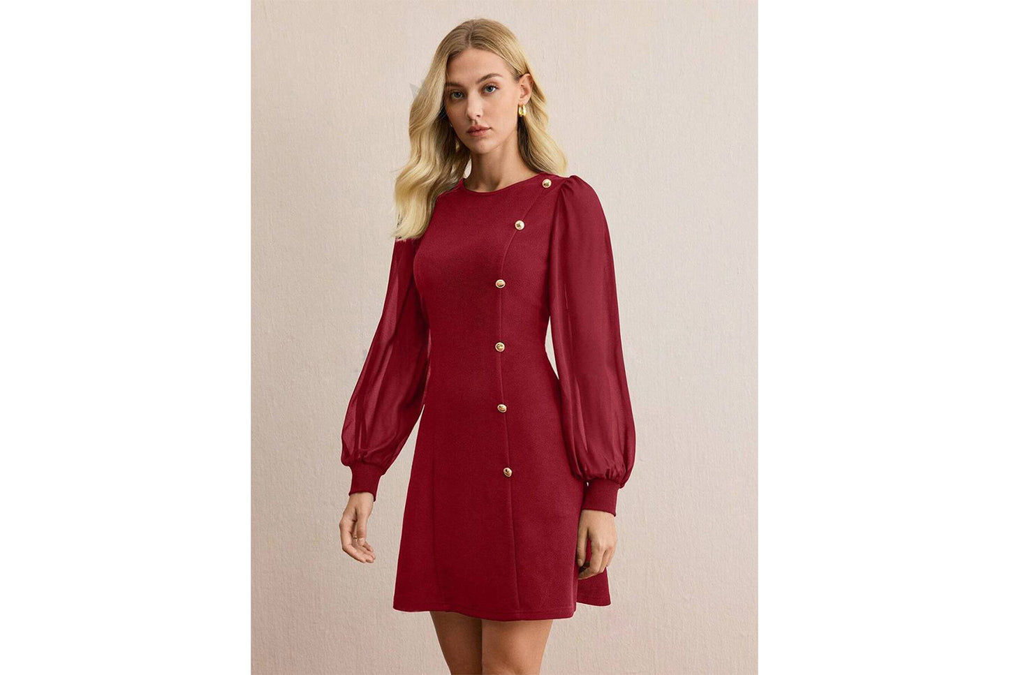 **Button-studded Slim Fit Long-Sleeve Solid Color Dress**