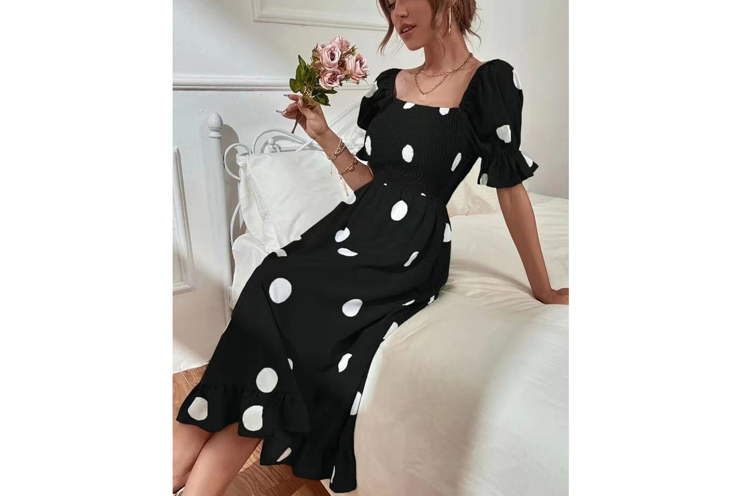 **Ruffled Fitted Short-Sleeve Dress**