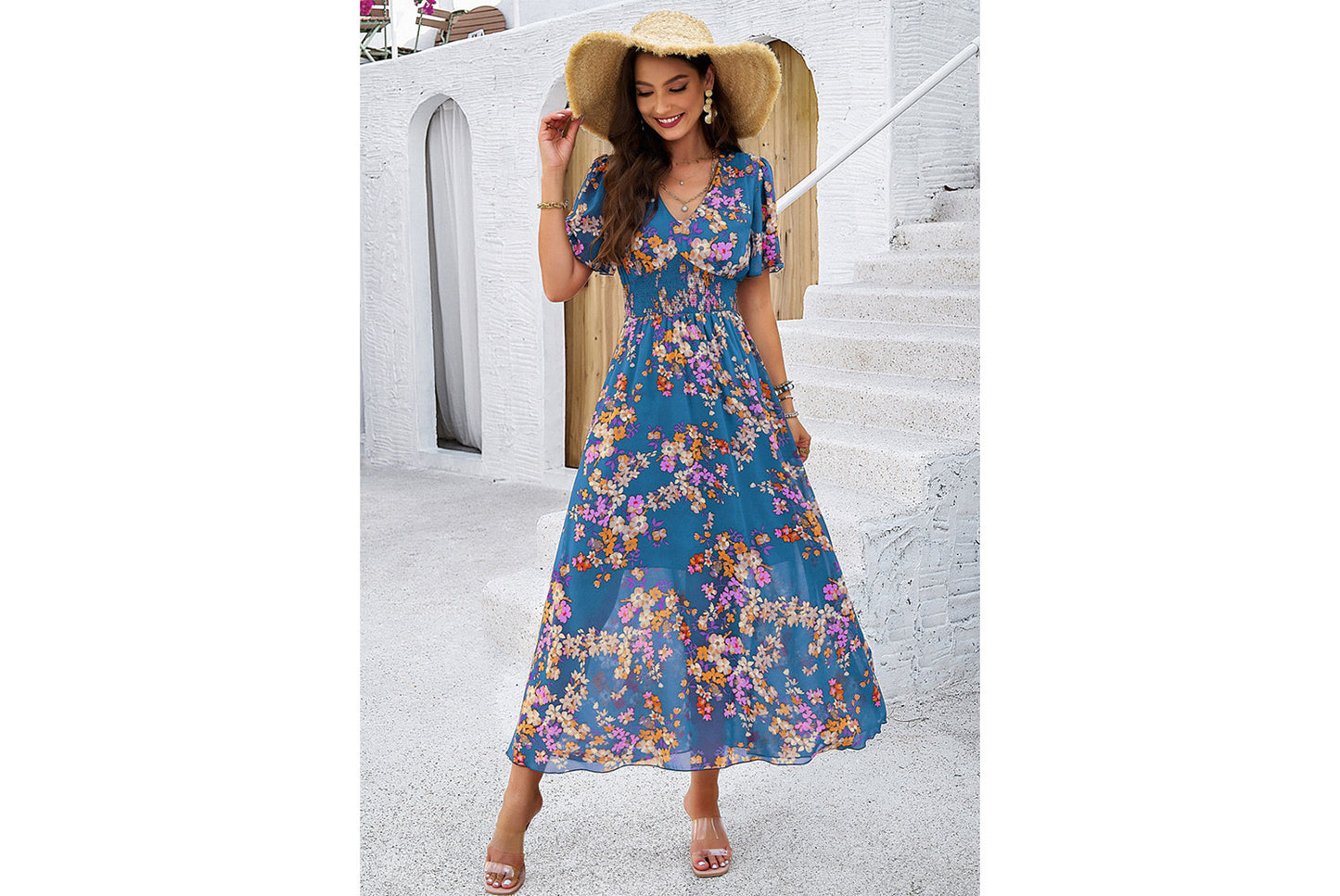 **Printed Waisted Short-Sleeved Chiffon Dress**