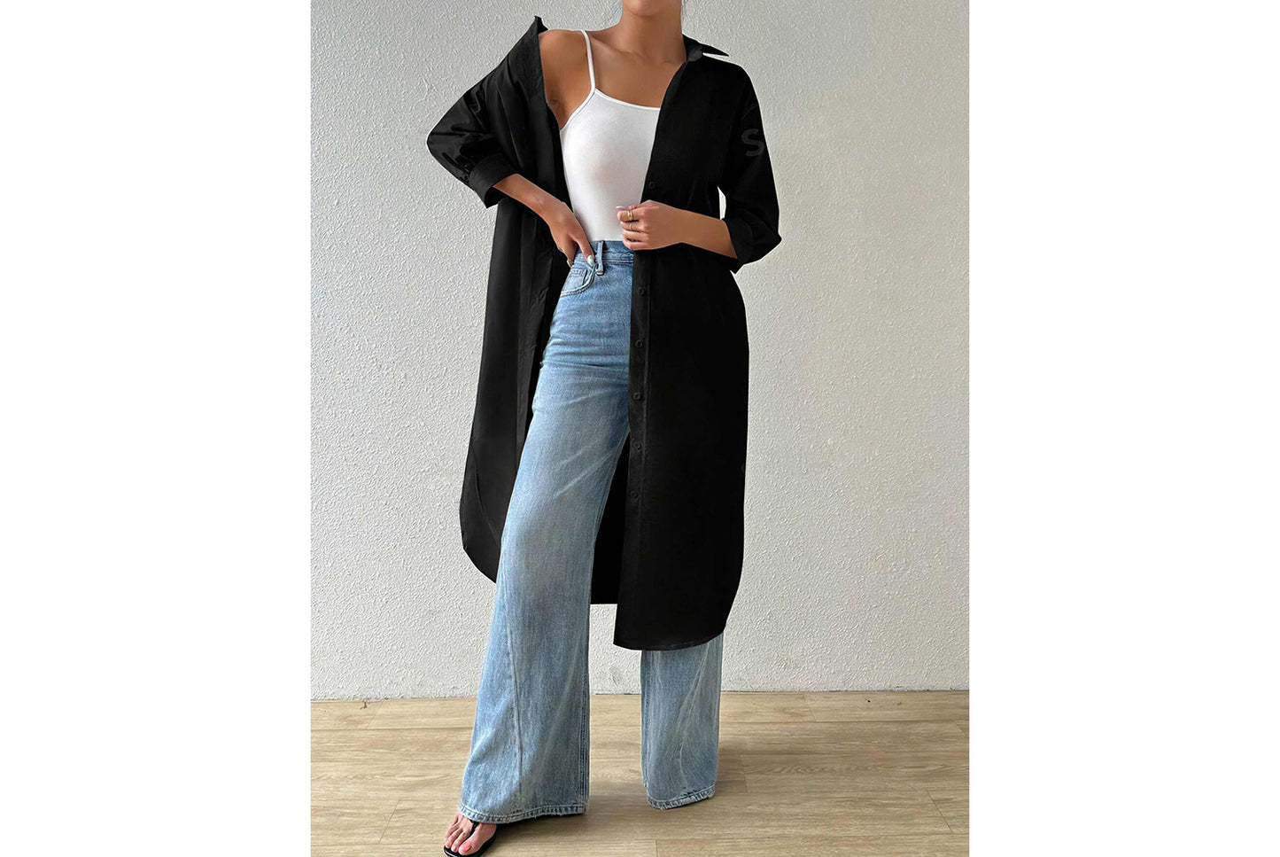 **Versatile Long Solid Color Cardigan Shirt with Mid-Sleeves**