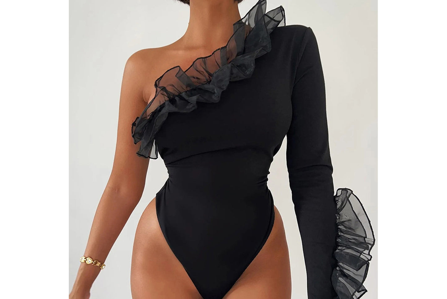 **Sexy, Slim-Fit Bodysuit with Flutter Sleeves and Off-Colour Neck**