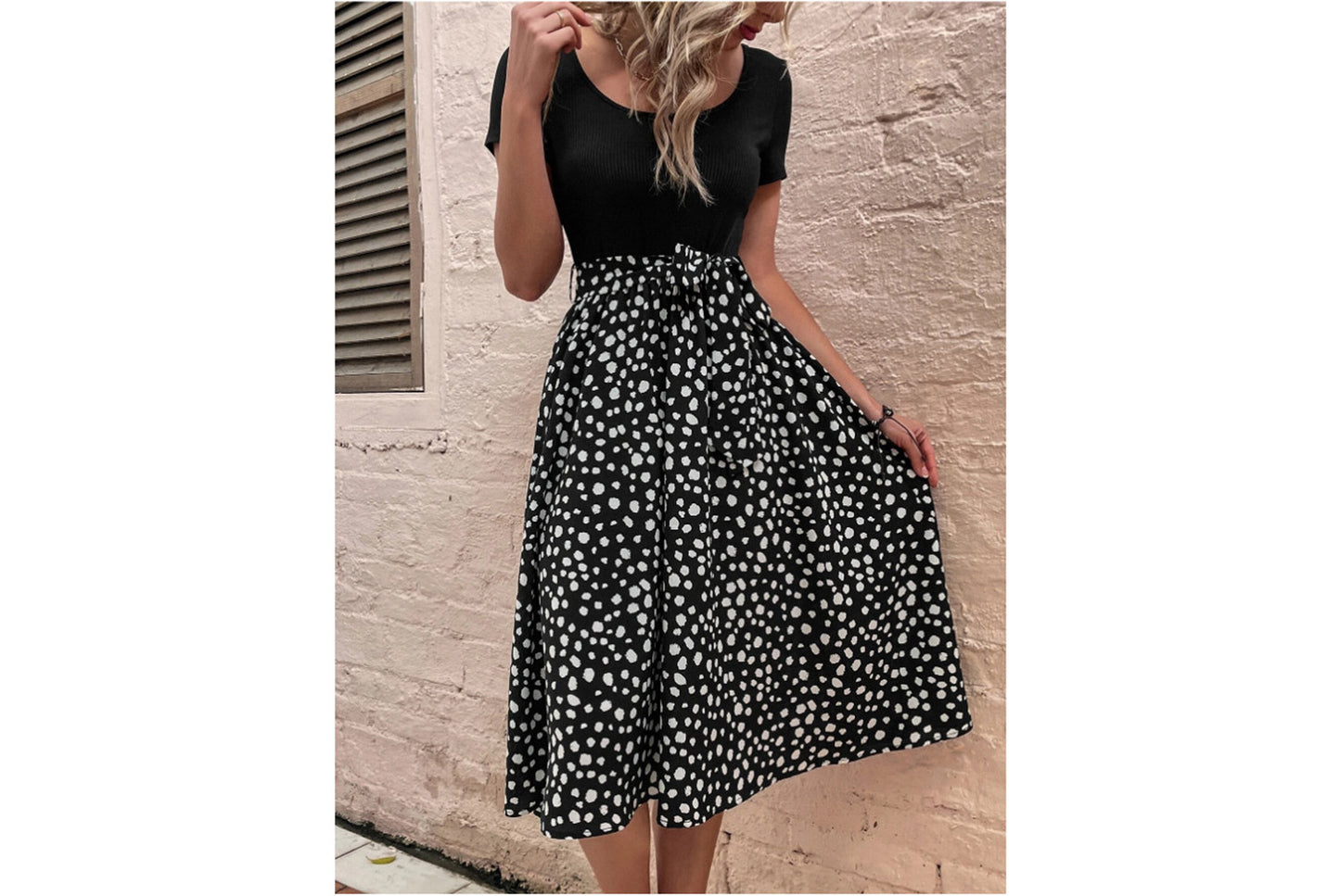 **Patchwork Round Neck Polka Dot Short Sleeve Dress**
