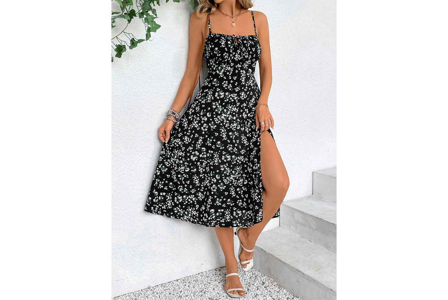 **Sling Print Dress with Slit Bottom**