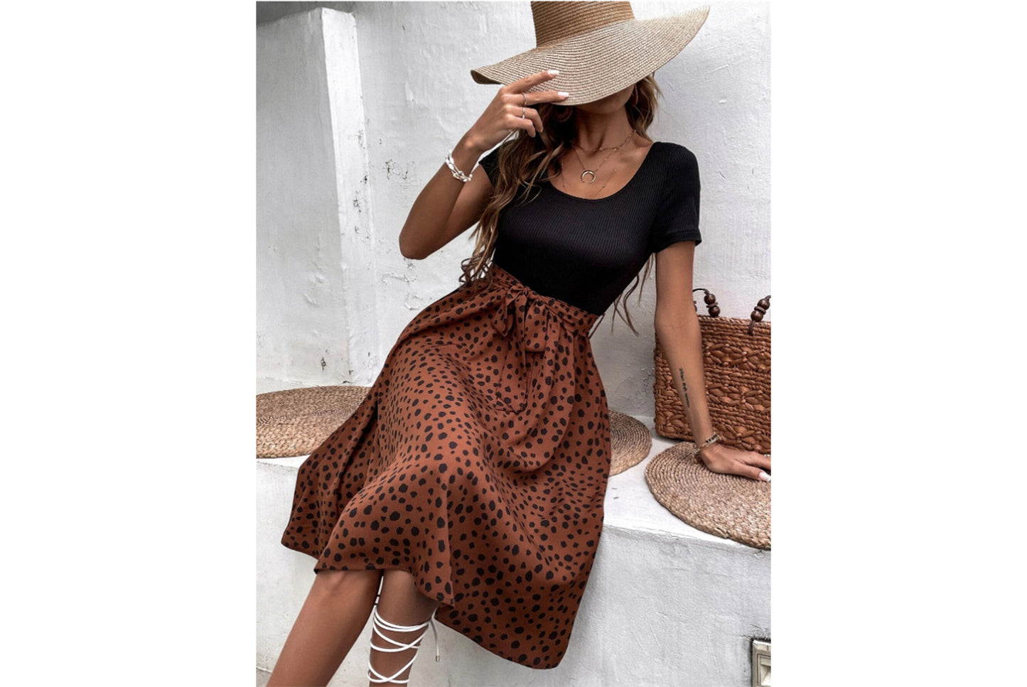 **Patchwork Round Neck Polka Dot Short Sleeve Dress**