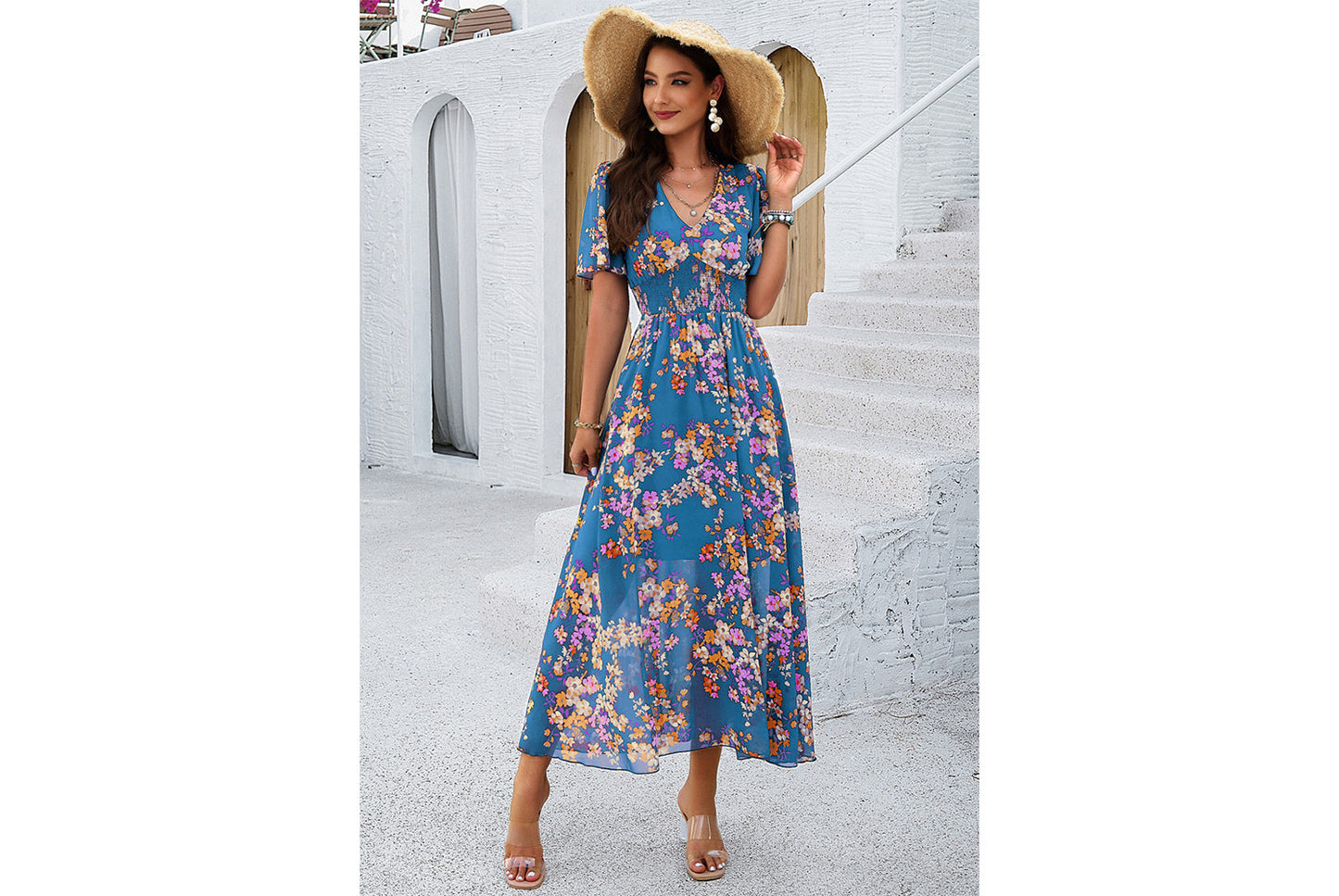 **Printed Waisted Short-Sleeved Chiffon Dress**